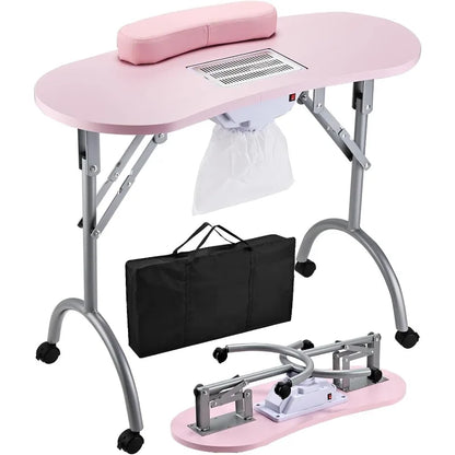 Portable Nail Desk with Nail Dust Collector, Rolling Manicure，with Manicure Hand Rests, 4 Lockable Wheels & Organizer Carry Bag