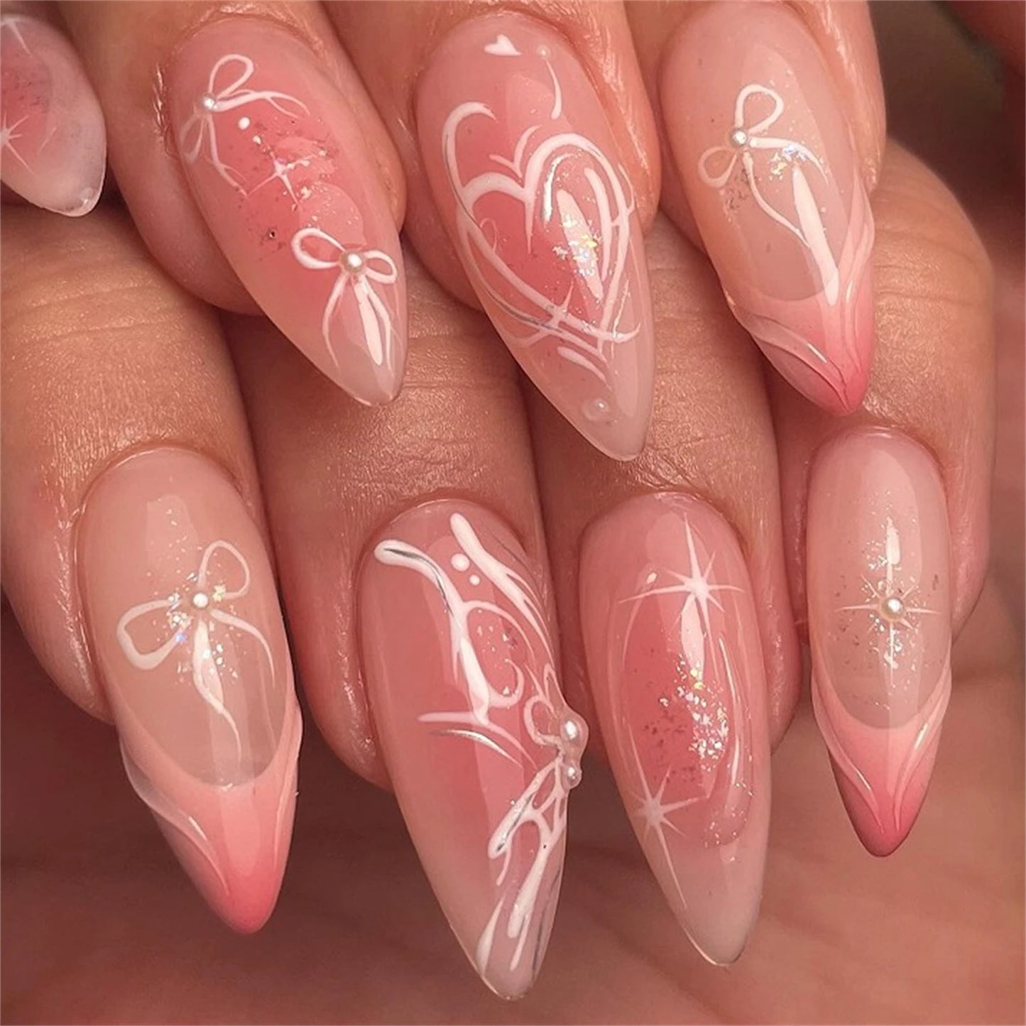 Blush Pink False Nails Bowknot Diamond Pearl 3D Design Press on Nail Tips with Harmless Smooth Edge Nails Woman DIY Fake Nails