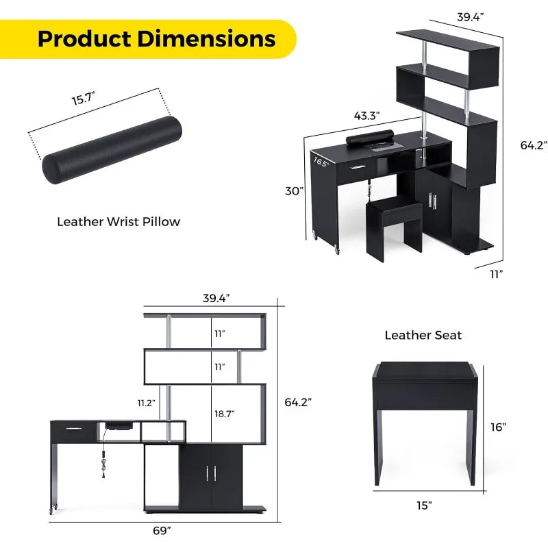 Manicure Table Nail Desk with Stool, Rotating L-Shaped Nail Tech Desk with Dust Collector, Two-Way Drawer