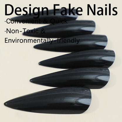 24pcs Glossy Black Fake Nails Set Press On Nail Tips Solid Color Long Stiletto Removable Artificial Nails Decoration Nail Art