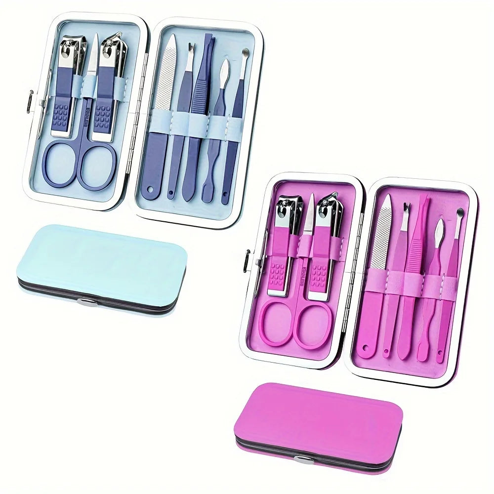 2set Nail Clippers and Beauty Tool Portable Set, Rose Gold Martensitic Stainless Steel Manicure Set 8 in 1, with Pink Leather Ba