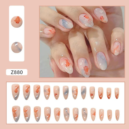 24pcs Ins Simple False Nails Goldfish Pattern Almond Fake Nail Wearable Detachable Simple Nude Pink Press On Nails Manicure Set