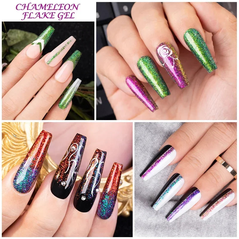 BOZLIN Chameleon Flake Gel Nail Polish Spring Color Sparkling Sequins Soak Off UV Glitter Gel Varnish Nail Art Decoration 5ML