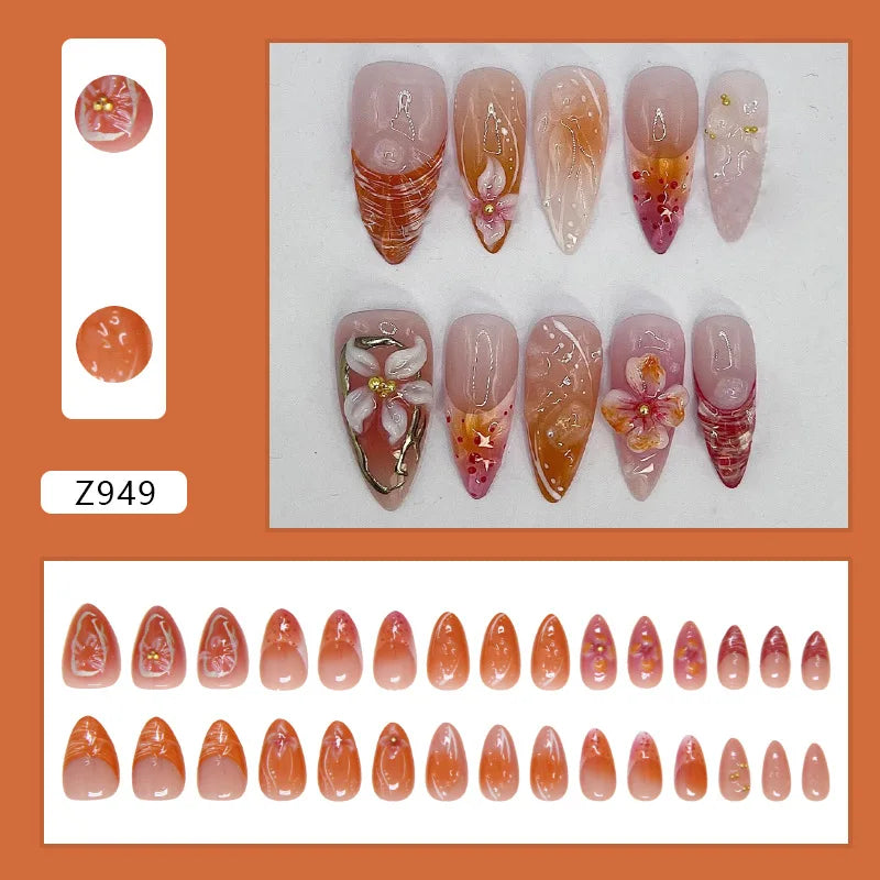 24pcs White Flower Fake Nail Tips Ins Yellow Pink Blush False Nails Wearable Full Cover European Almond Shaped Press on Nails