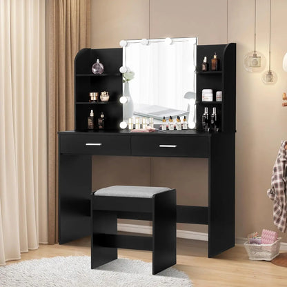 Makeup Vanity with Mirror and 10 LED Lights, Vanity Makeup Table Set with 2 Drawers and Open Shelves Makeup Vanity Desk Dressing