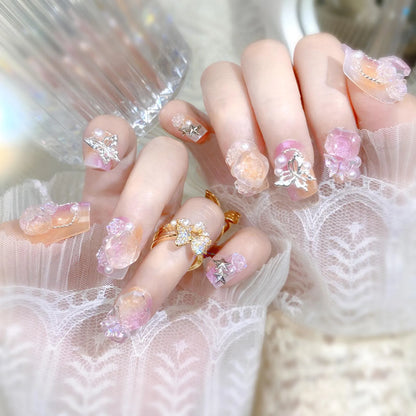 Blush Pink False Nails Bowknot Diamond Pearl 3D Design Press on Nail Tips with Harmless Smooth Edge Nails Woman DIY Fake Nails