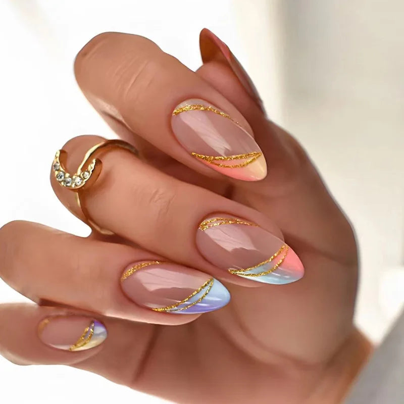 24pcs French False Nails Almond Head Summer Style Glitter Design Fake Nail Patch Full Cover Wearable Women Press on Nail Tips