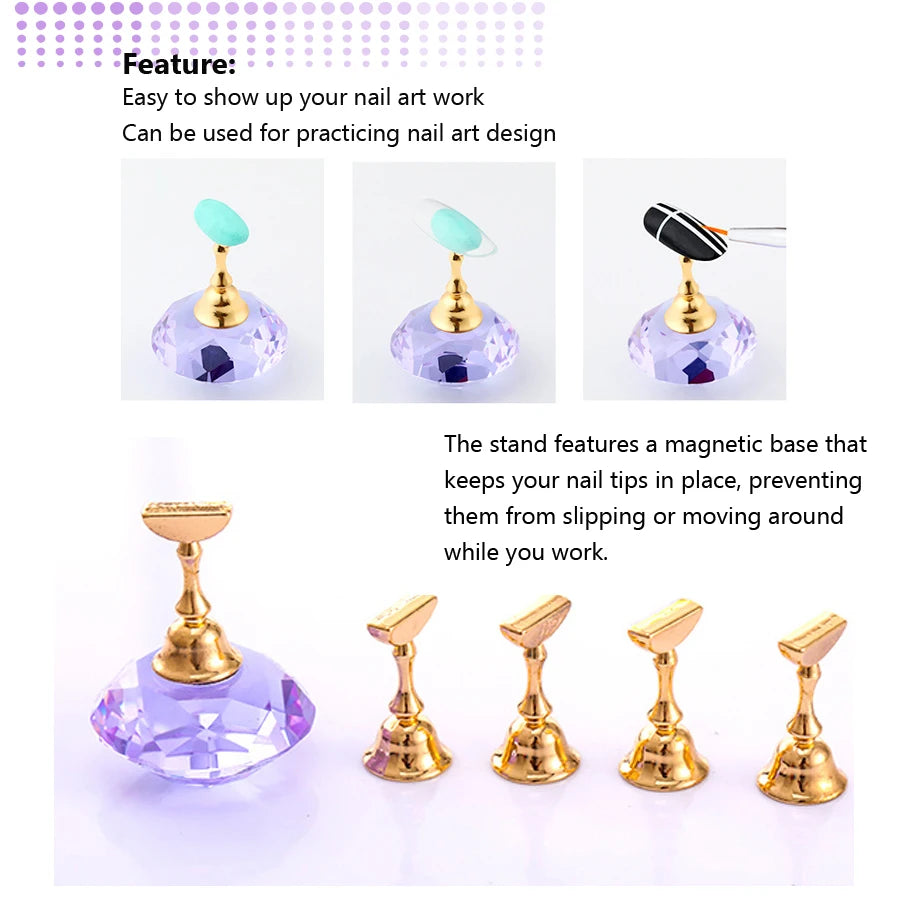 Magnetic Nail Display Stand Holder, 5 Tips Practice Training Tips, Crystal Base Nail Art Display Stand