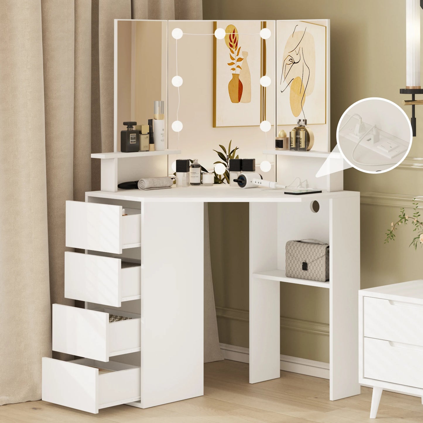 Vabches Corner Vanity Makeup Desk with Lights Tri-Fold Mirror Bedroom Vanity Table with Power Strip 4 Drawer Wood Dressing Table