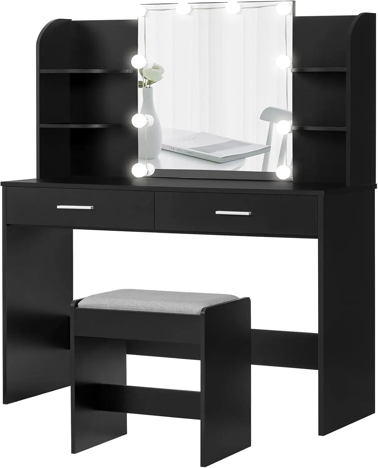 Makeup Vanity with Mirror and 10 LED Lights, Vanity Makeup Table Set with 2 Drawers and Open Shelves Makeup Vanity Desk Dressing