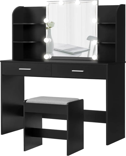 Makeup Vanity with Mirror and 10 LED Lights, Vanity Makeup Table Set with 2 Drawers and Open Shelves Makeup Vanity Desk Dressing