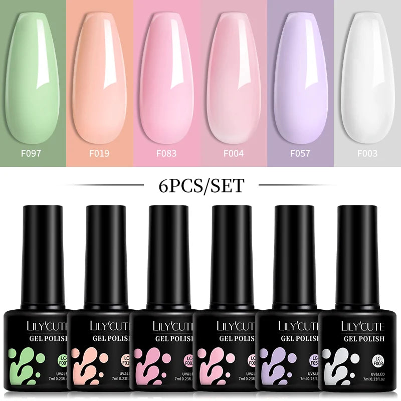 LILYCUTE 6Pcs/Set 7ML Gel DIY Nail Polish Bright Pink Semi Permanent Soak Off UV LED Gel Varnish Nail Art Design Manicure Kit