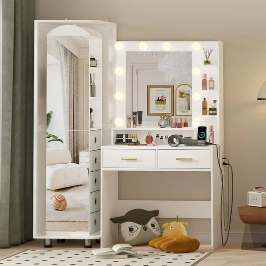 Vanity Swivel Cabinet with Full-Length Mirror, Jewelry Storage Shelf Bulletin Board,Table with Charging Station