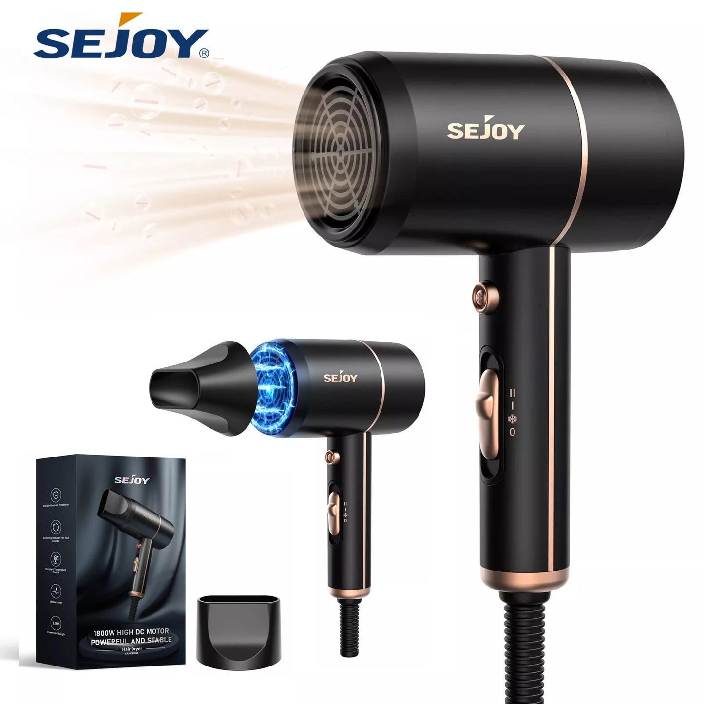 Sejoy Hair Dryer Professional 1800W Salon Hair Dryer Fast Heating Ionic Blow Dryer with Negative Nozzle