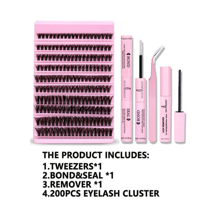 DIY Eyelash Extension Kit 200pcs Individual Lashes Cluster D Curl, 8-16mm Mix Lash Clusters with Lash Tweezers