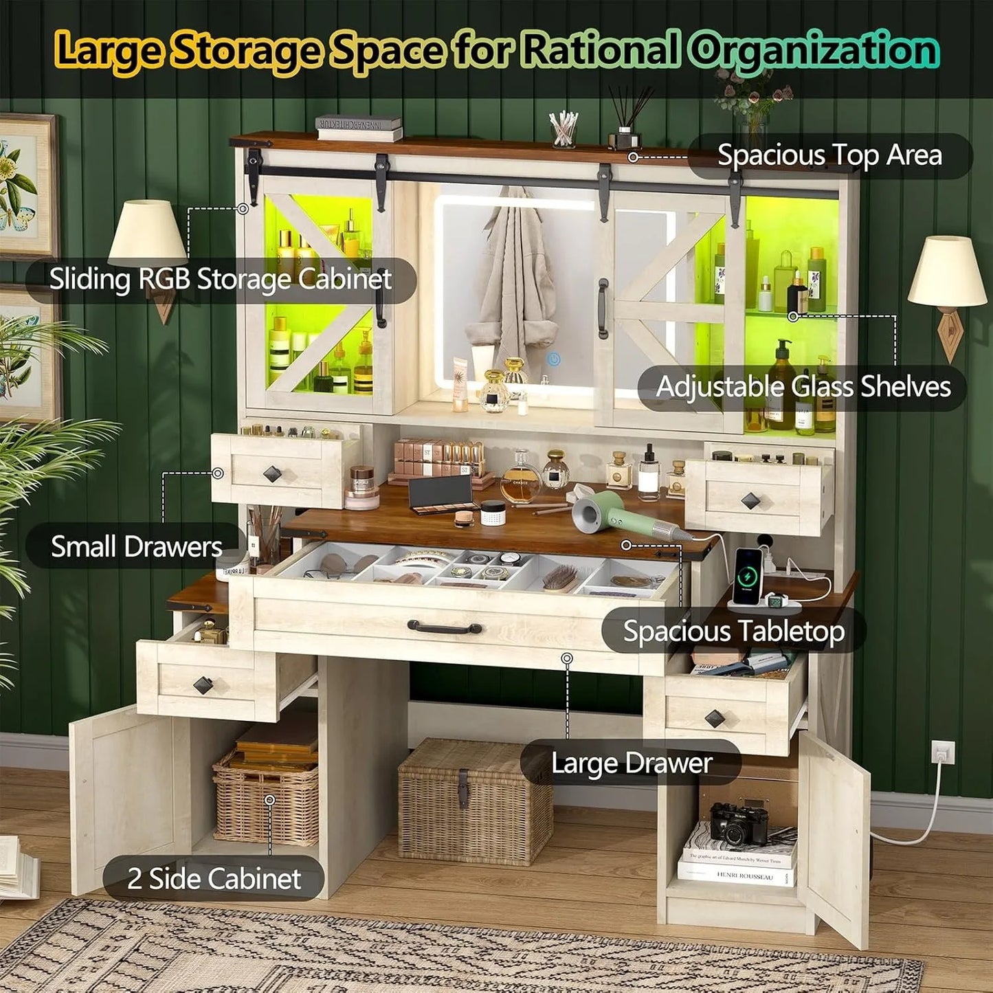 Farmhouse Vanity Desk with Mirror and Lights, 45.9" Makeup Vanity Table with Charging Station & Drawers & Sliding RGB Cabinets