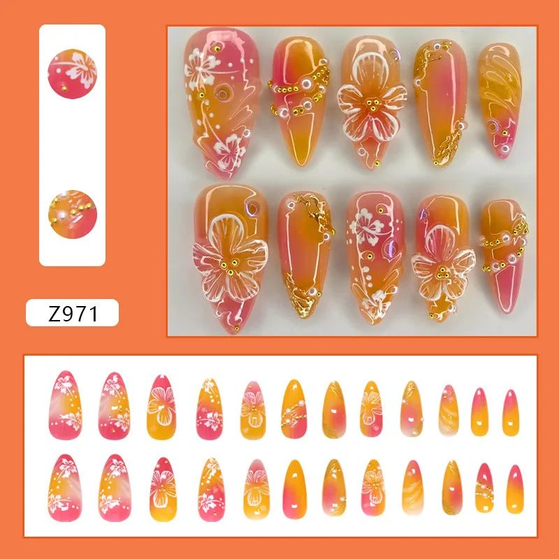 24pcs White Flower Fake Nail Tips Ins Yellow Pink Blush False Nails Wearable Full Cover European Almond Shaped Press on Nails