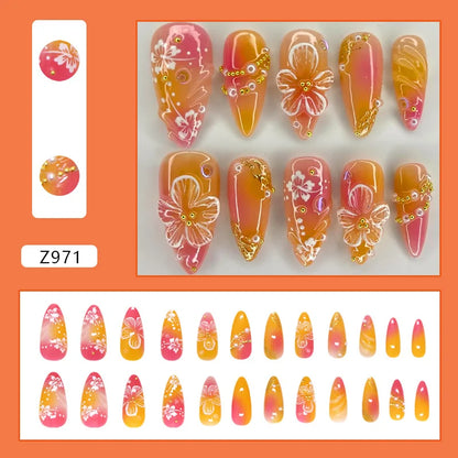 24pcs White Flower Fake Nail Tips Ins Yellow Pink Blush False Nails Wearable Full Cover European Almond Shaped Press on Nails