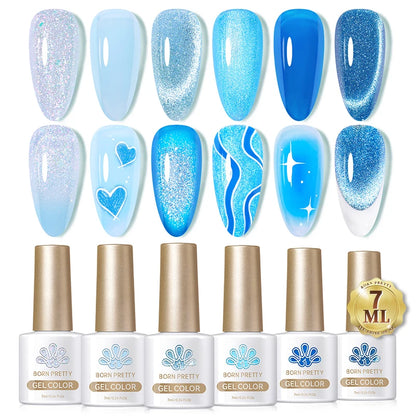 BORN PRETTY 6Pcs Water Light Cat Magnetic Gel Polish Set Winter Dark Red Blue Silver Semi Permanent Soak Off UV LED Gel Varnish