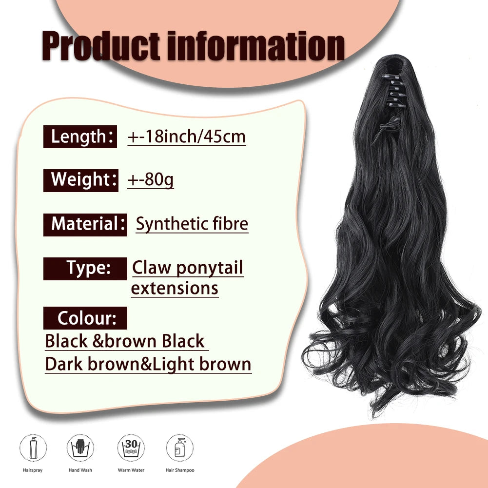 Claw Clip in Hair Extension 18 Inch Long Curly Wavy Ponytail Extension Natural Soft Mini Jaw Claw Synthetic Hairpiece for Women