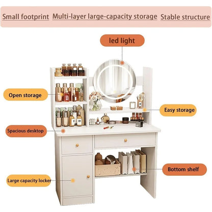 Dressing Table with Drawers, Vanity Desk with Mirror and Led Lights,3 Lighting Mode, Multifunctional Vanity Makeup Desk