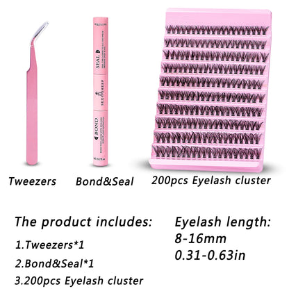 DIY Eyelash Extension Kit 200pcs Individual Lashes Cluster D Curl, 8-16mm Mix Lash Clusters with Lash Tweezers