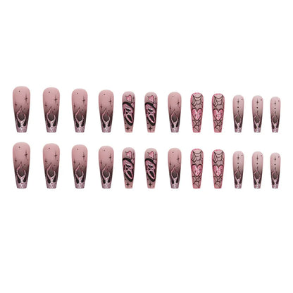 24pcs Glitter Pink Sequin Fake Nail Patch Scary Skull Love Heart Pattern Artificial Nails Full Cover Wearable Halloween Gifts