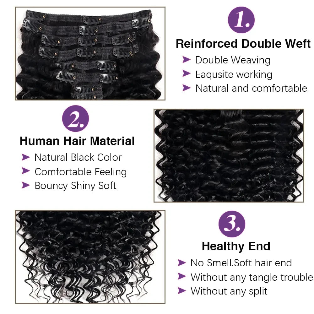 Clip in Hair Extensions With 18 Clips Deep Wave Real Human Hair Curly Thick to Ends For Women 120G 240G Per Set Natural Black