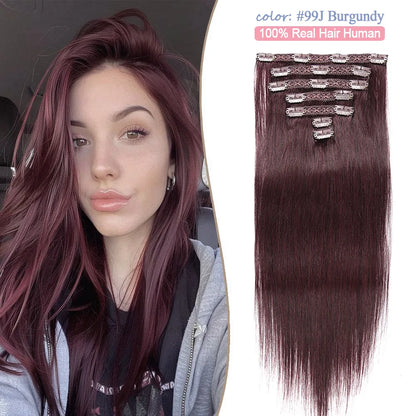 #99J Burgundy Clip in Hair Extensions Real Human Hair 100% Brazilian Remy Hair Wine Red Seamless Straight Clip In Hair Extension