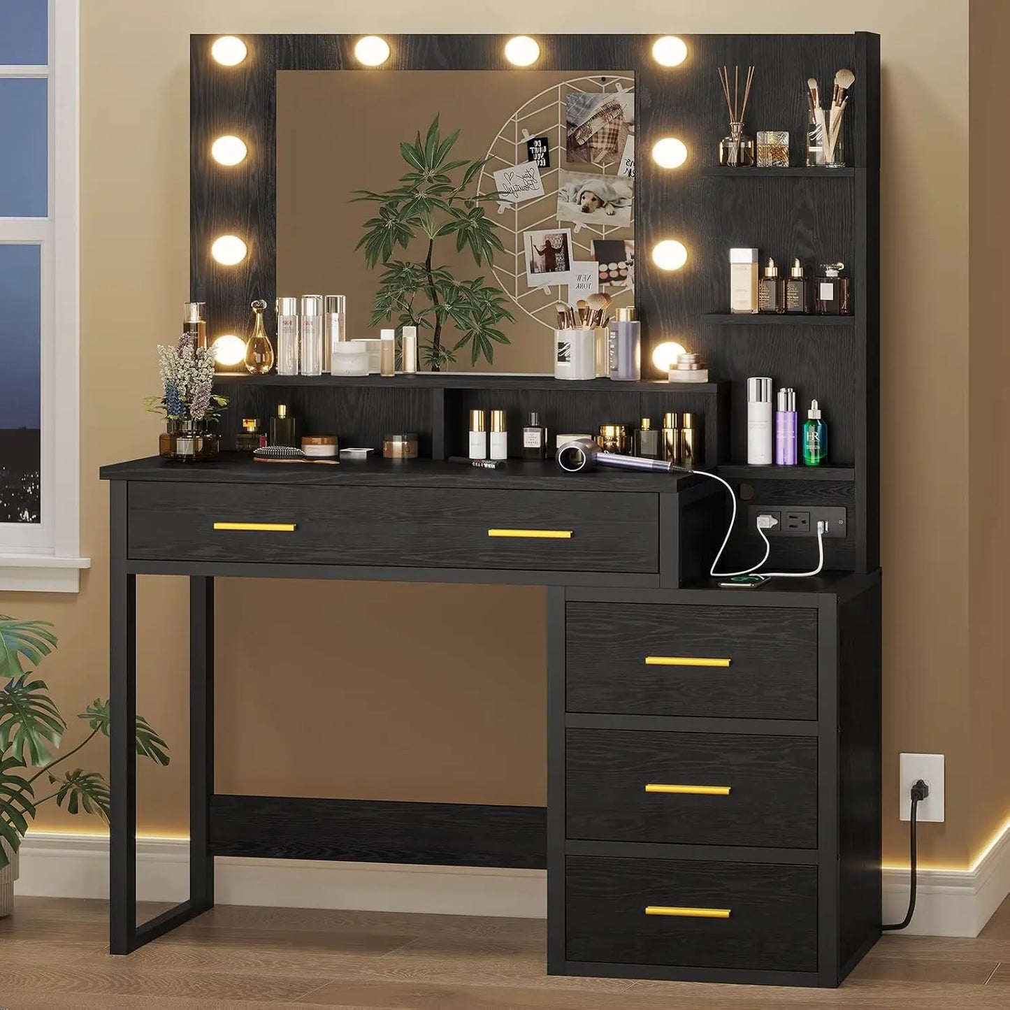 Makeup Vanity with Lights, Vanity Desk with Charging Station, Black Vanity Table with 10 Light Bulbs Mirror & 3 Lighting Modes