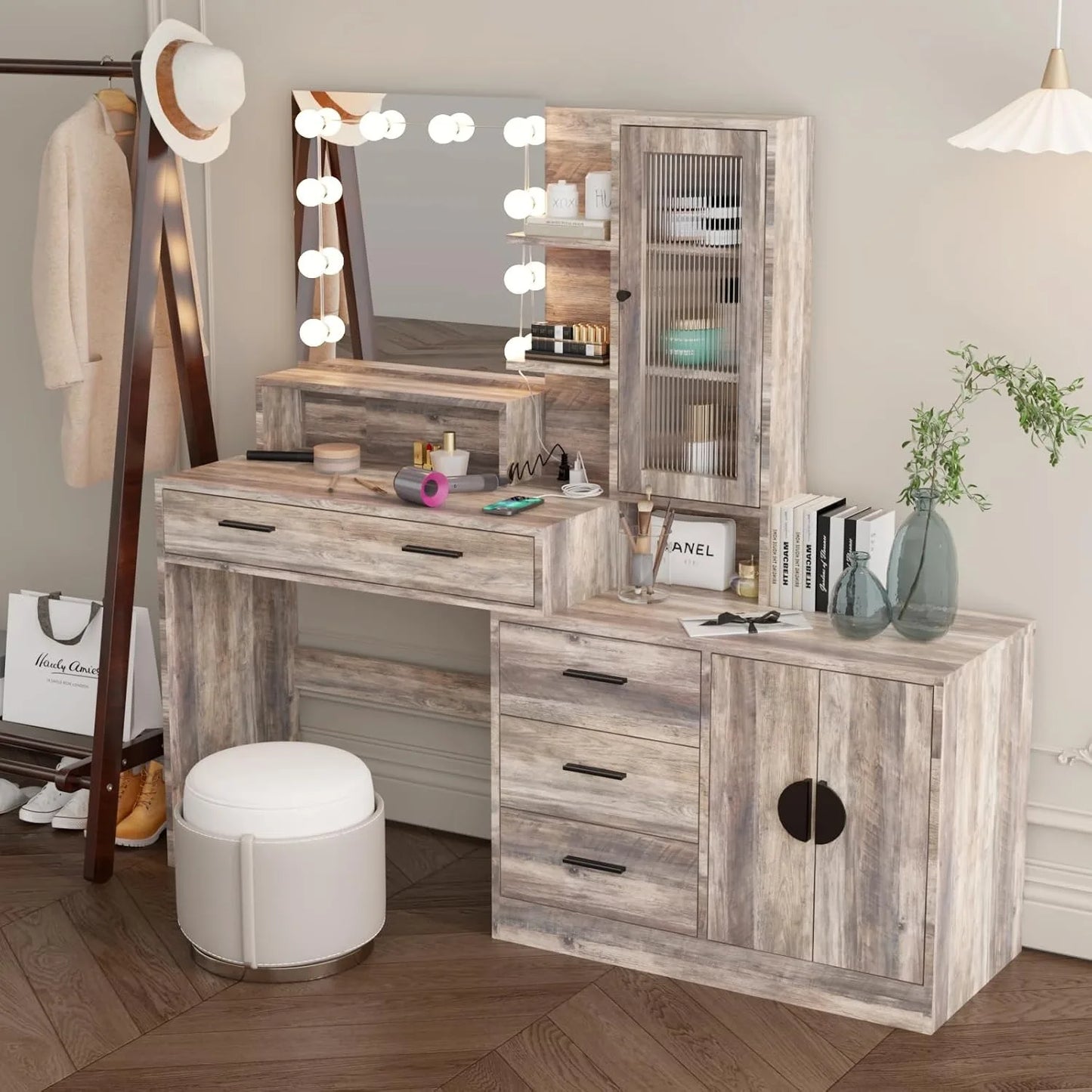 Vanity Desk with Light Mirror and Charging Station,Dressing Table with Drawers & Storage Shelves, Makeup Desk with 10 Led Lights