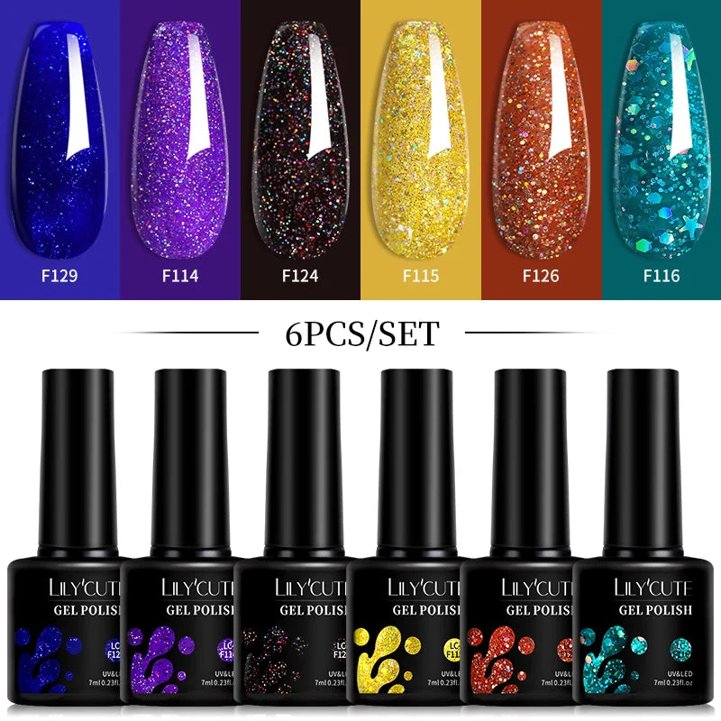 LILYCUTE 6Pcs/Set 7ML Gel DIY Nail Polish Bright Pink Semi Permanent Soak Off UV LED Gel Varnish Nail Art Design Manicure Kit