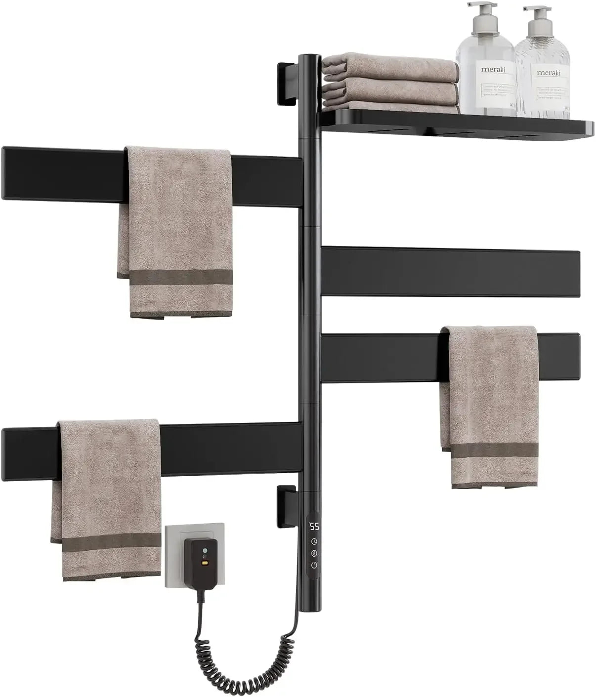 Swivel Heated Towel Rack, Wall Mounted Electric Towel Warmer Rack, 4 Square Bars Swivelable Towel Dryer with Tray, Towel Heater