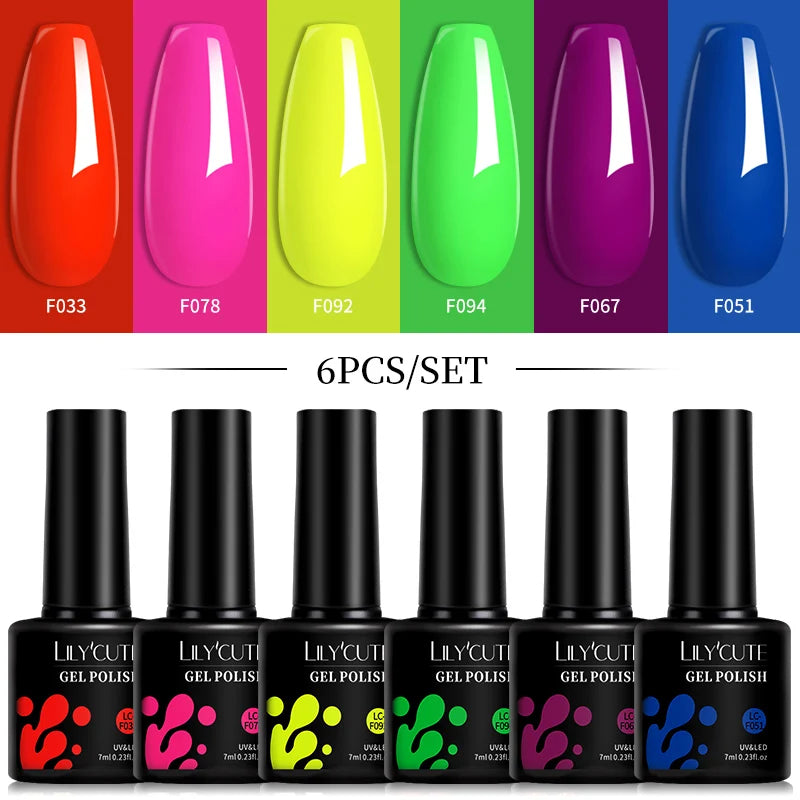 LILYCUTE 6Pcs/Set 7ML Gel DIY Nail Polish Bright Pink Semi Permanent Soak Off UV LED Gel Varnish Nail Art Design Manicure Kit