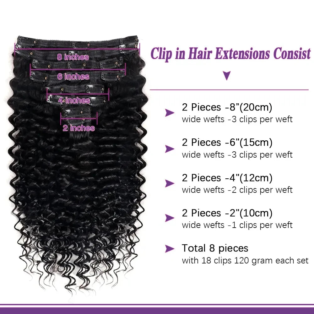 Clip in Hair Extensions With 18 Clips Deep Wave Real Human Hair Curly Thick to Ends For Women 120G 240G Per Set Natural Black