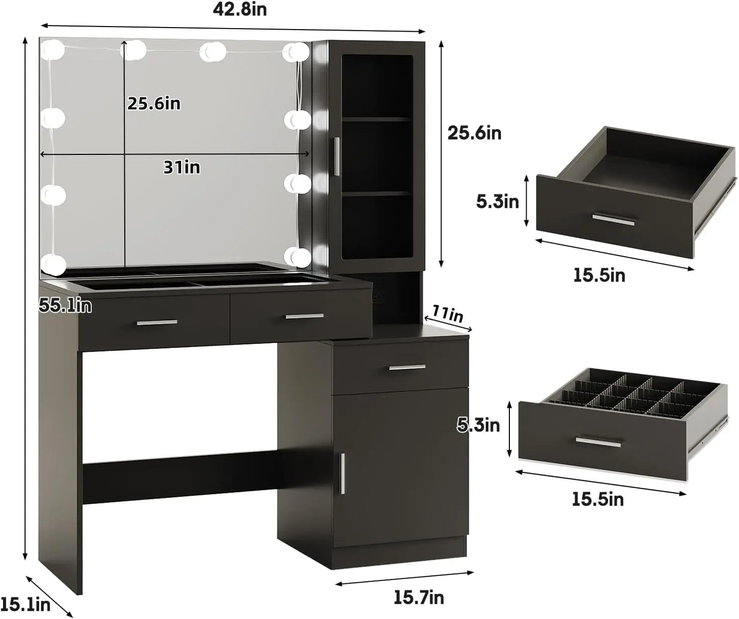 Fameill Glass Top Vanity With Mirror And Lights, Black Makeup Vanity Desk With Charging Station, Vanity Table Set With Rgb