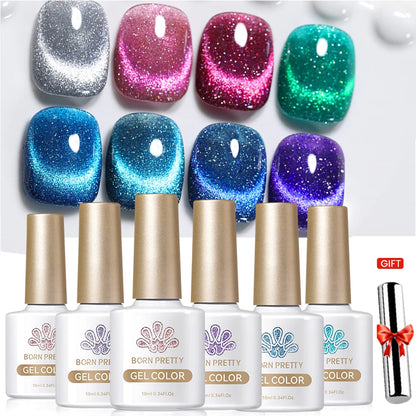 BORN PRETTY 6Pcs Water Light Cat Magnetic Gel Polish Set Winter Dark Red Blue Silver Semi Permanent Soak Off UV LED Gel Varnish