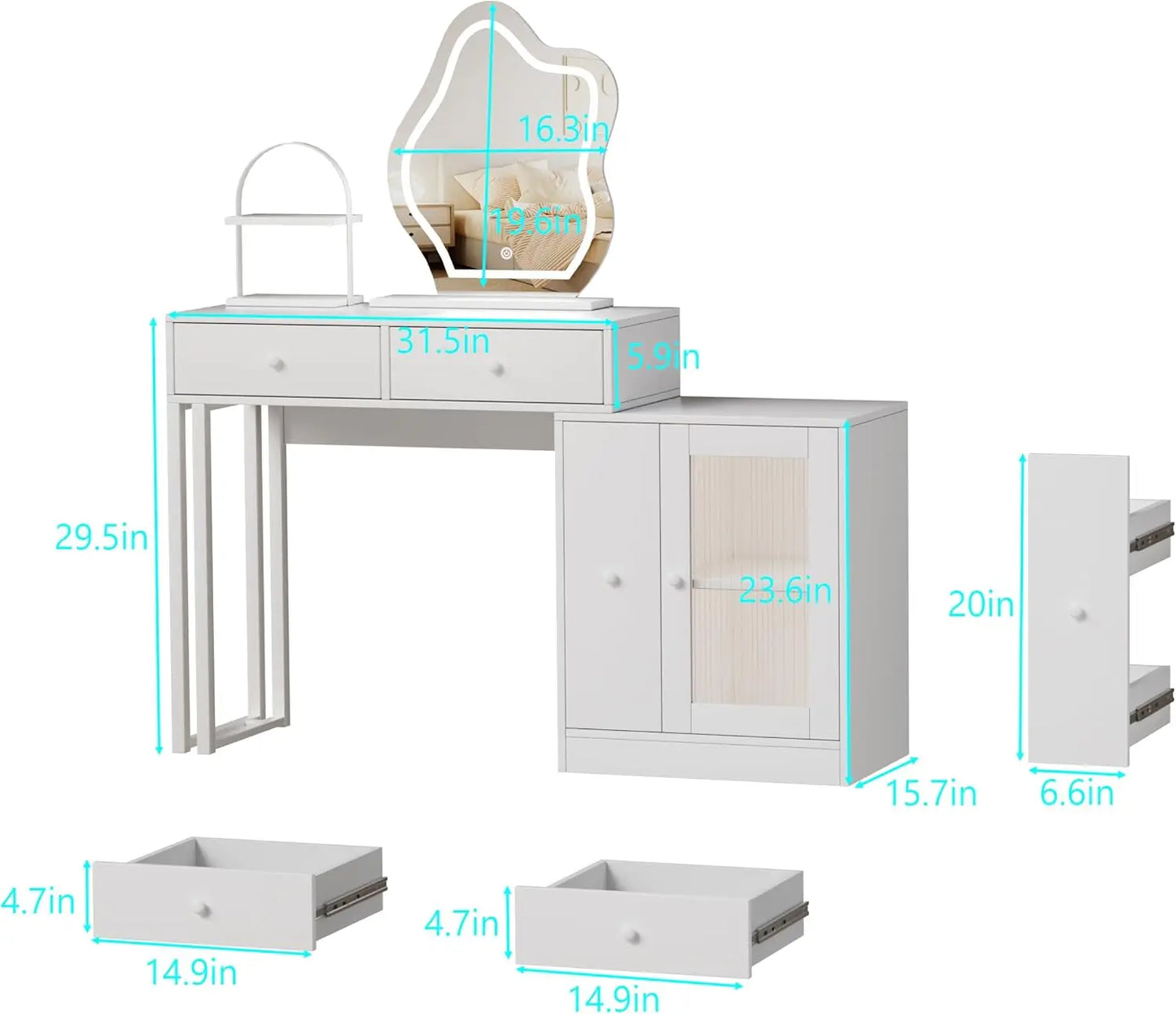 Makeup Vanity Desk with Mirror and Lights, Makeup Table W/ Lots Storage, 3 Lighting Modes, Brightness Adjustable, Dressing Table