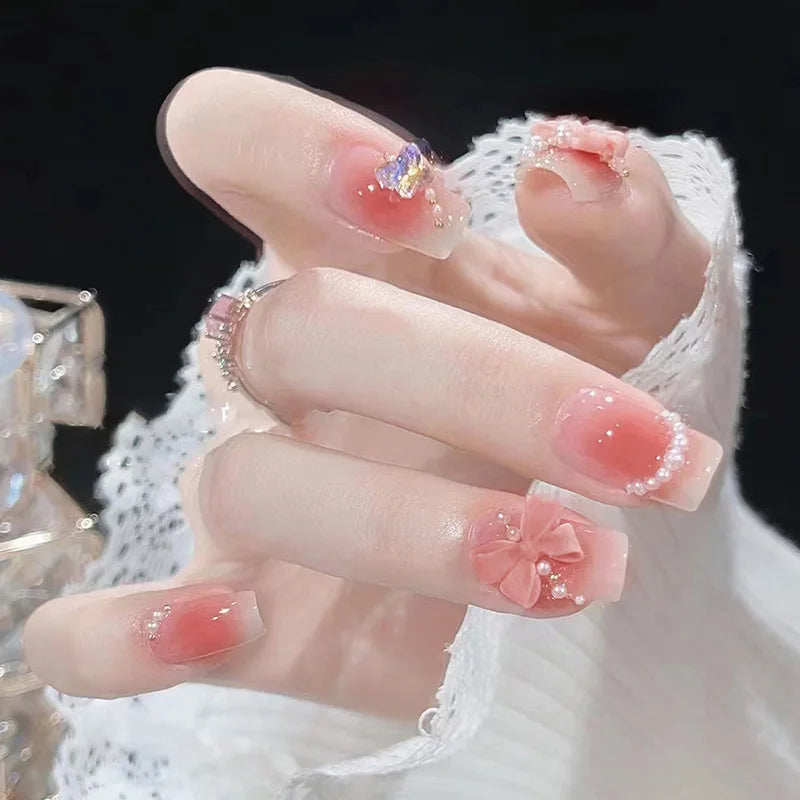 Blush Pink False Nails Bowknot Diamond Pearl 3D Design Press on Nail Tips with Harmless Smooth Edge Nails Woman DIY Fake Nails