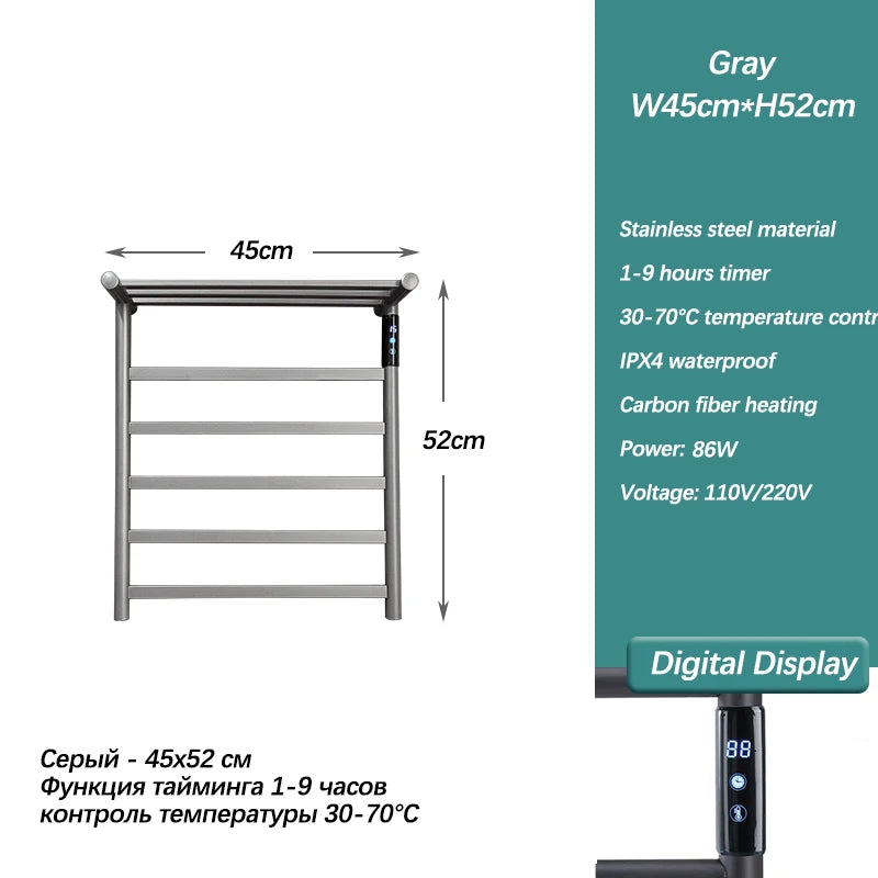 Stainless Steel Electric Heated Towel Rack With Touch Screen.Bathroom Wall Mounted Electric Towel Dryer.110V/220V Towel Radiator