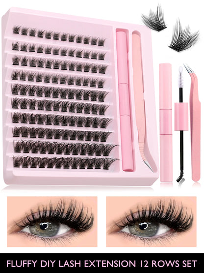 GROINNEYA Eyelash Clusters Kit DIY Lash Extension Kit Lash Bond And Seal And Eyelash Tweezers With Waterproof Strong Hold