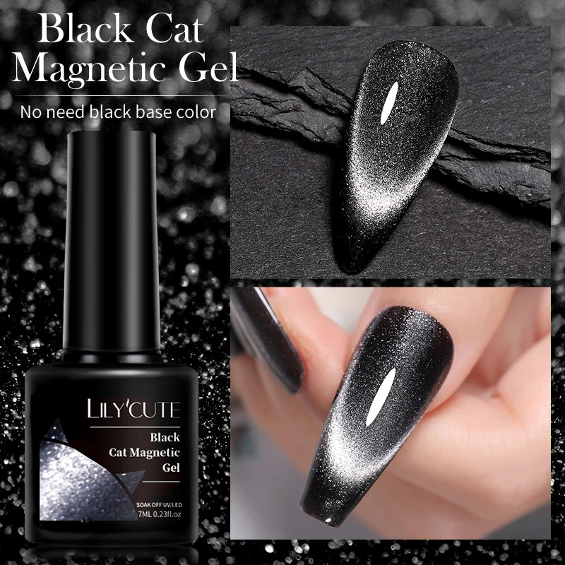 LILYCUTE 7ML Black Crystal Cat Magnetic Gel Sparkling Glitter Gel Nail Polish Semi Permanent UV Gel Nail Art No Need Base Color