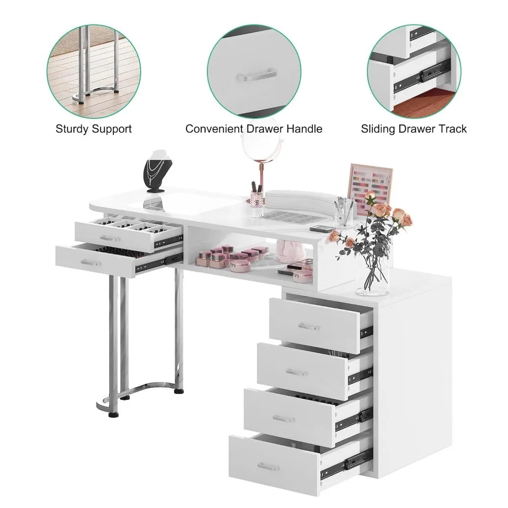 Professional Manicure Table, Large Nail Table for Nail Tech with Glass Top, Nails Workstation with Dust Collector, Wrist Cushion