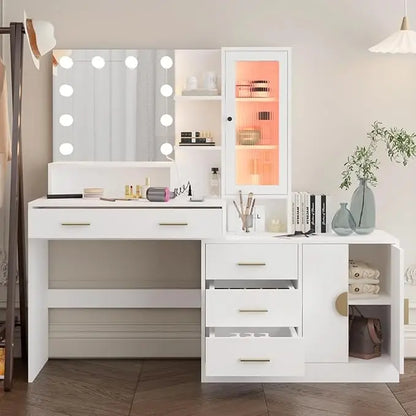 Vanity Desk with Light Mirror and Charging Station,Dressing Table with Drawers & Storage Shelves, Makeup Desk with 10 Led Lights