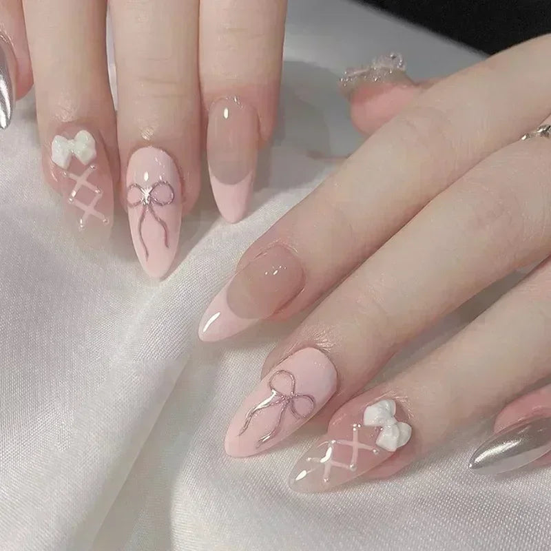 24Pcs Pink Almond False Nails Butterfly Ballet with French Design Wearable Fake Nails Simple Artificial Press on Nails Tips Art