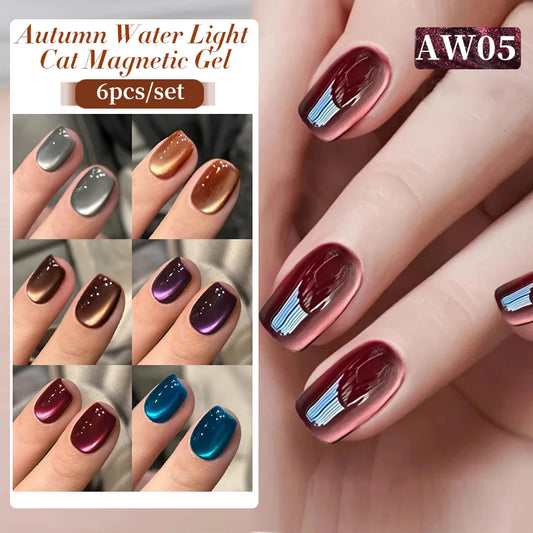 BORN PRETTY 6Pcs Water Light Cat Magnetic Gel Polish Set Winter Dark Red Blue Silver Semi Permanent Soak Off UV LED Gel Varnish