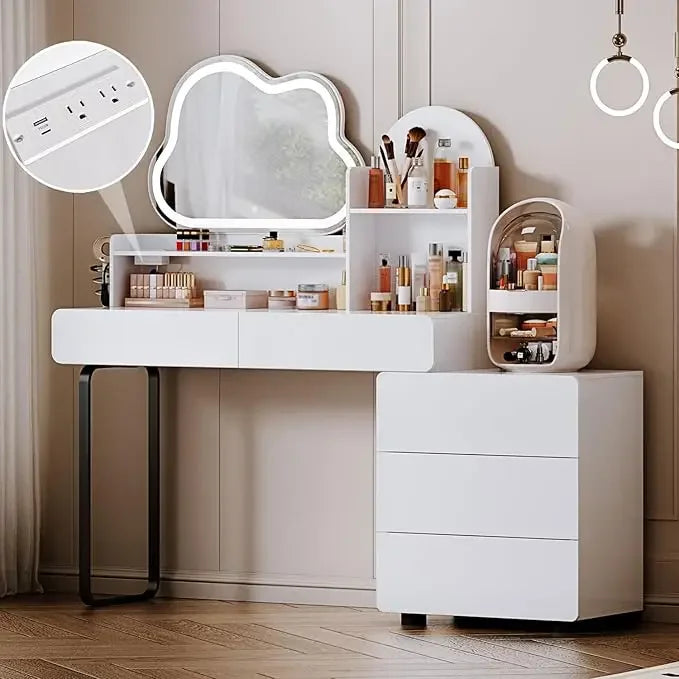 YYJ Large Vanity Desk with Mirror and Lights,Makeup Vanity with 5 Drawers,Modern Makeup Table with Power Outle and Adjustable