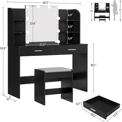 Makeup Vanity with Mirror and 10 LED Lights, Vanity Makeup Table Set with 2 Drawers and Open Shelves Makeup Vanity Desk Dressing