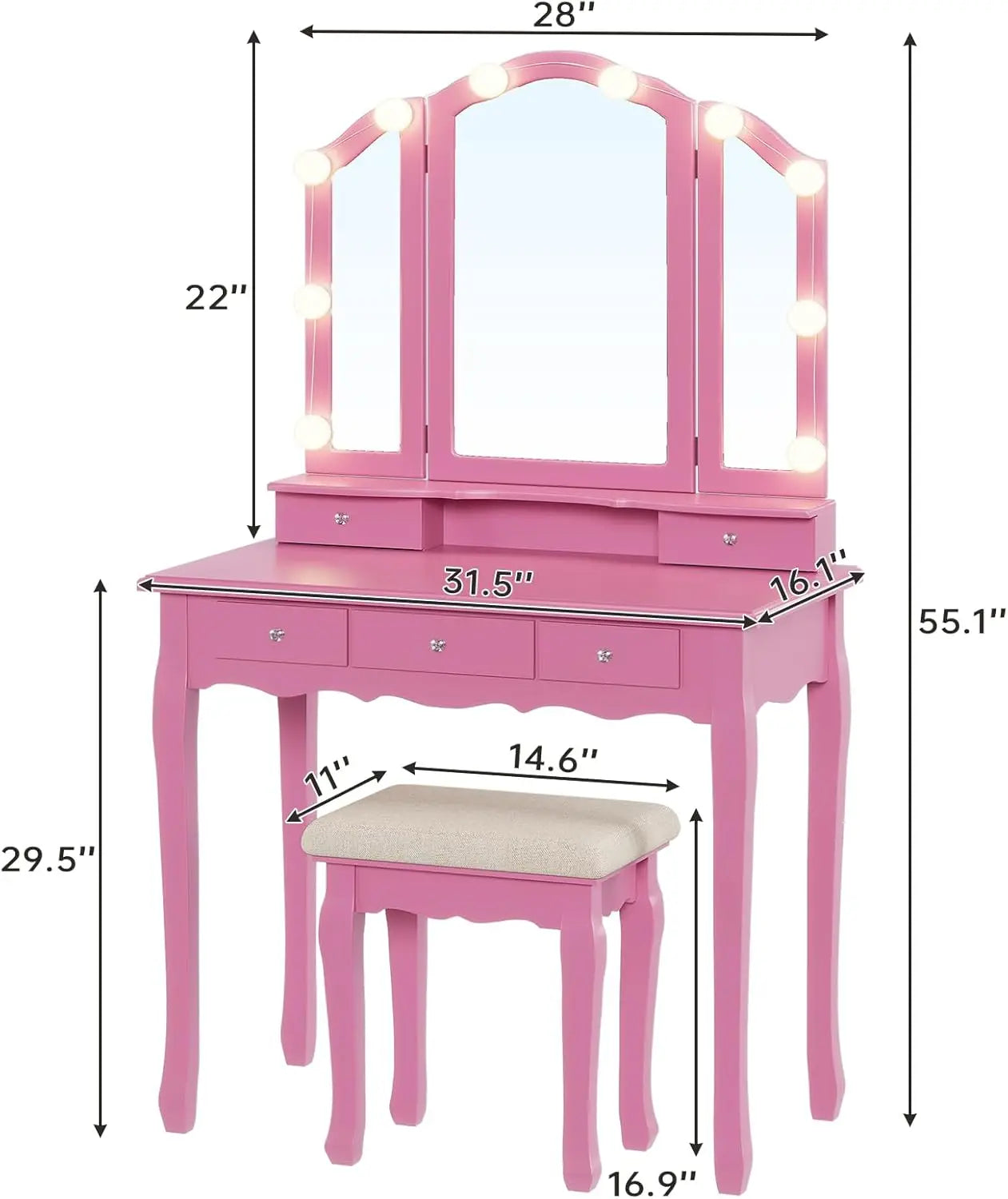 Vanity Desk with Tri-Fold Mirror and Lights, Makeup Vanity with Wood Upholstered Stool, Vanity Table with 5 Drawers, Pink