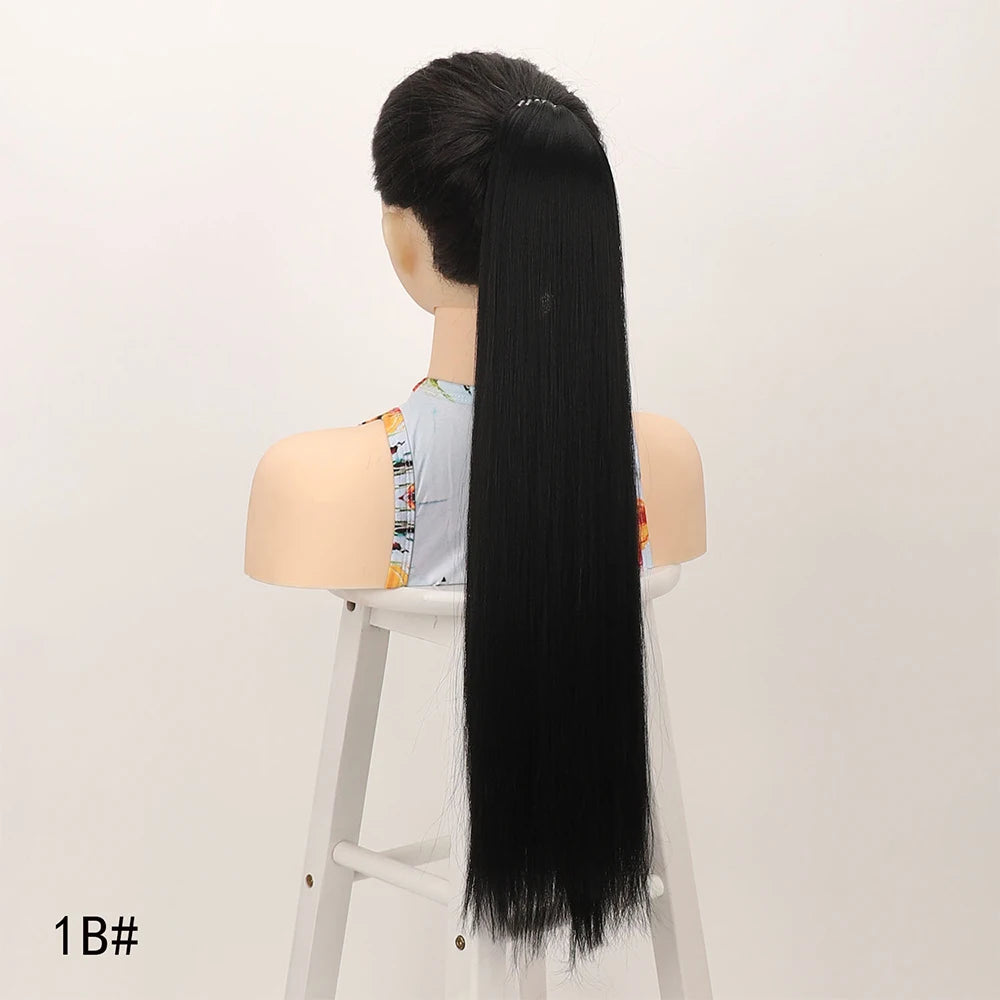 Synthetic Ponytail Extensions Elastic Band Black Brown Ponytail Extension for Women 24" Long Straight Soft Natural Pony Tails